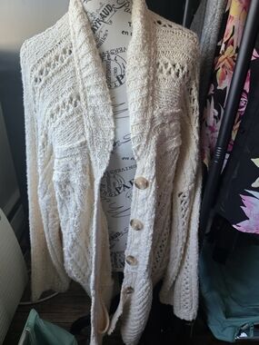 Free People Ivory Openwork Shawl-Collar Button Cardigan
